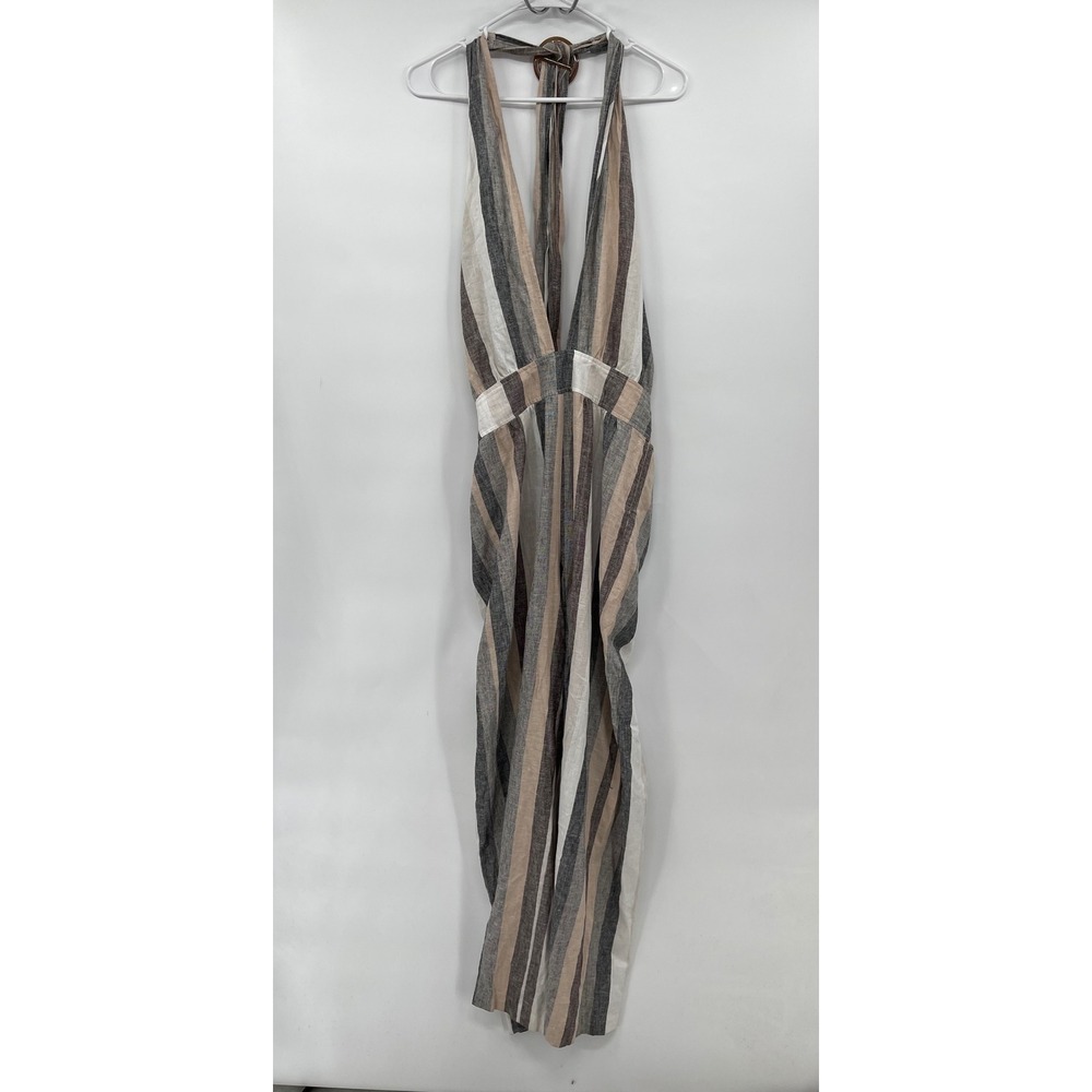 Current‎ Air Striped Halter Neck Wide Leg Jumpsuit Women's Small Tan Brown White